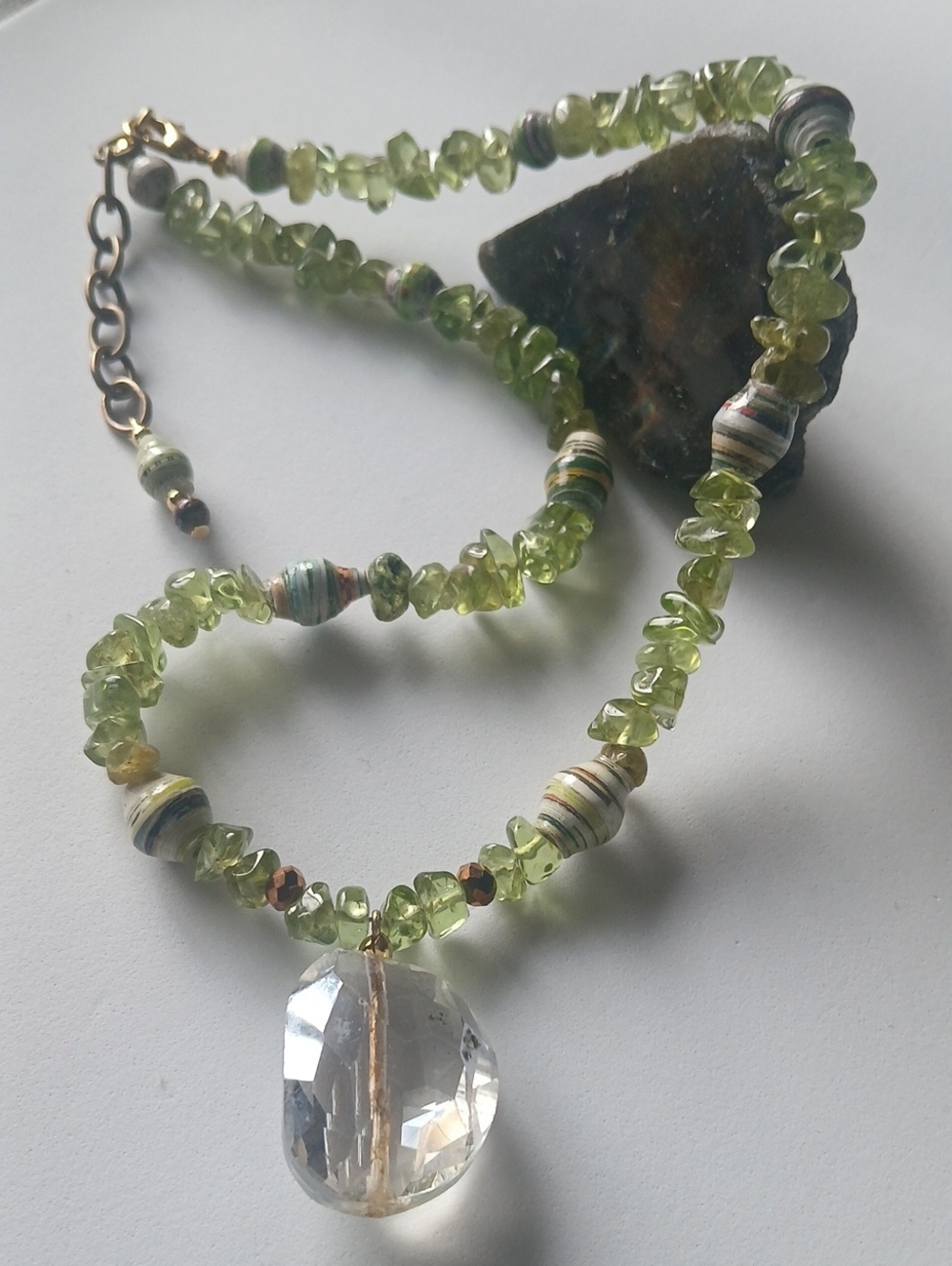 Green Peridot Chip Necklace with Clear Quartz Pendant
